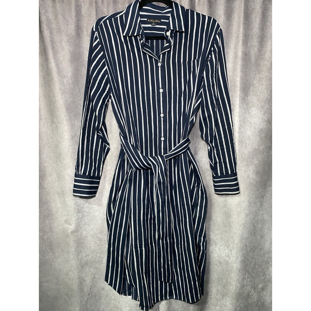 Brooks Brothers Navy & White Striped Cotton Preppy Shirt Dress Size 8 Workwear
